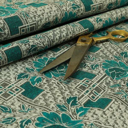 Kenai Glitter Upholstery Furnishing Pattern Fabric Patchwork Floral In Teal Silver CTR-585 - Made To Measure Curtains