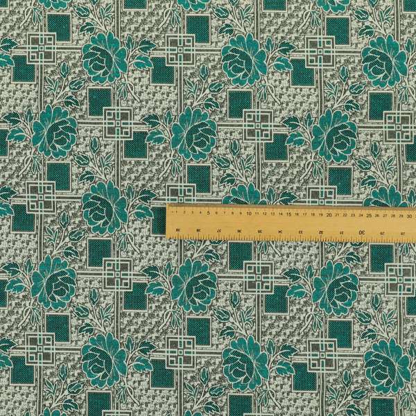 Kenai Glitter Upholstery Furnishing Pattern Fabric Patchwork Floral In Teal Silver CTR-585 - Roman Blinds