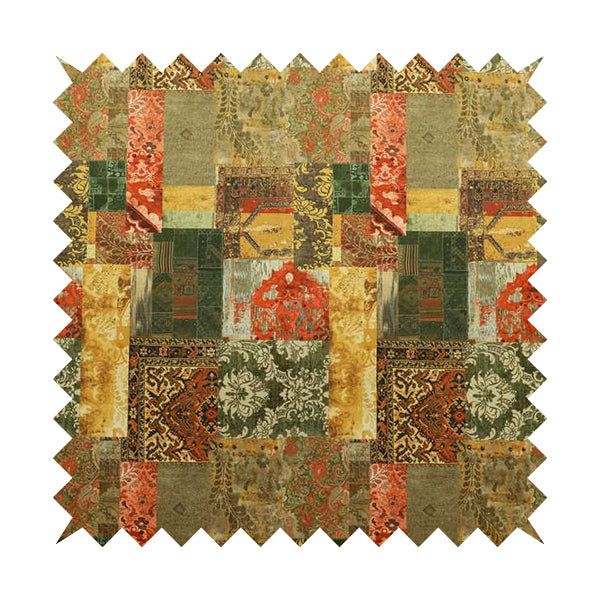 Freedom Printed Velvet Fabric Collection Patchwork Pattern In Bronze Orange Green Colour Upholstery Fabric CTR-59 - Made To Measure Curtains