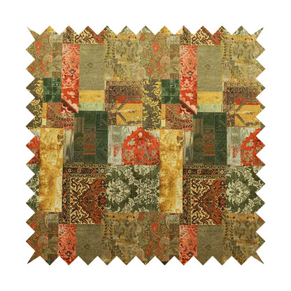 Freedom Printed Velvet Fabric Collection Patchwork Pattern In Bronze Orange Green Colour Upholstery Fabric CTR-59 - Made To Measure Curtains