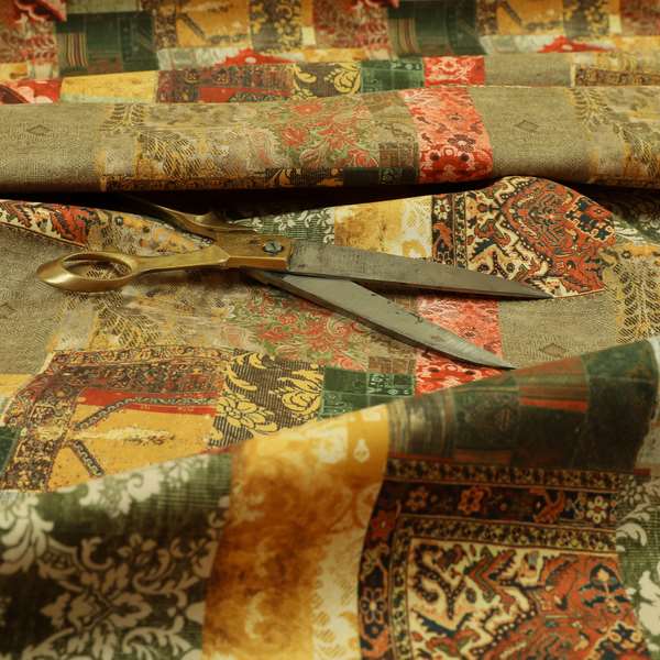 Freedom Printed Velvet Fabric Collection Patchwork Pattern In Bronze Orange Green Colour Upholstery Fabric CTR-59