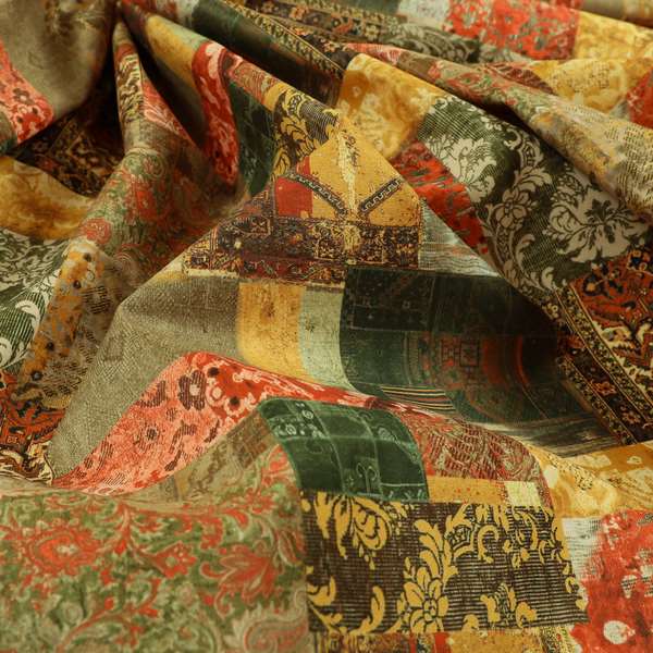 Freedom Printed Velvet Fabric Collection Patchwork Pattern In Bronze Orange Green Colour Upholstery Fabric CTR-59