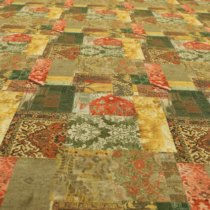 Freedom Printed Velvet Fabric Collection Patchwork Pattern In Bronze Orange Green Colour Upholstery Fabric CTR-59 - Handmade Cushions