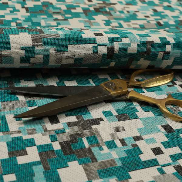 Nome Geometric Pattern Teal Blue Grey Lightweight Upholstery Furnishing Fabrics CTR-598 - Roman Blinds