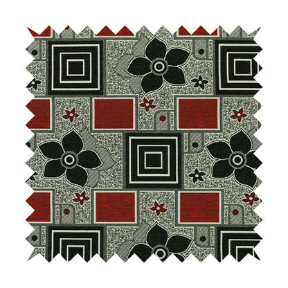 Sitka Modern Upholstery Furnishing Pattern Fabric Floral Patchwork In Red Black Grey CTR-599 - Roman Blinds