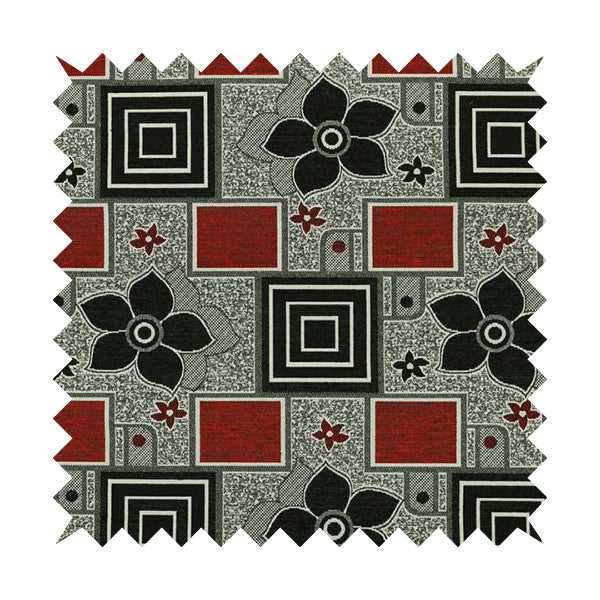 Sitka Modern Upholstery Furnishing Pattern Fabric Floral Patchwork In Red Black Grey CTR-599 - Made To Measure Curtains