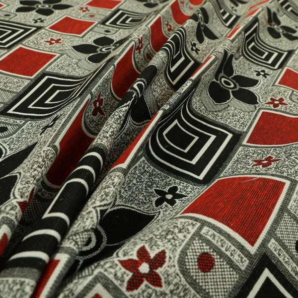 Sitka Modern Upholstery Furnishing Pattern Fabric Floral Patchwork In Red Black Grey CTR-599 - Made To Measure Curtains