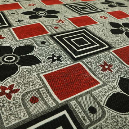 Sitka Modern Upholstery Furnishing Pattern Fabric Floral Patchwork In Red Black Grey CTR-599 - Roman Blinds