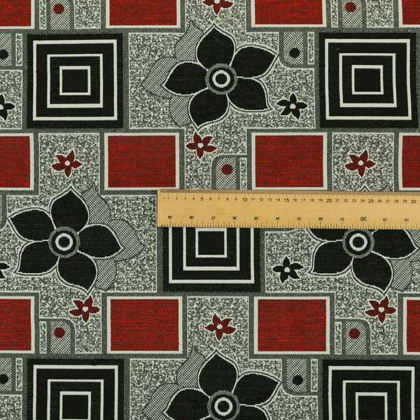 Sitka Modern Upholstery Furnishing Pattern Fabric Floral Patchwork In Red Black Grey CTR-599 - Roman Blinds