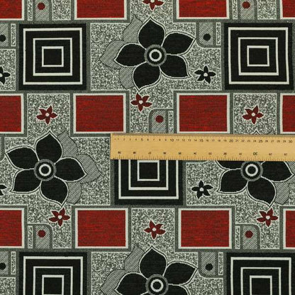 Sitka Modern Upholstery Furnishing Pattern Fabric Floral Patchwork In Red Black Grey CTR-599 - Roman Blinds