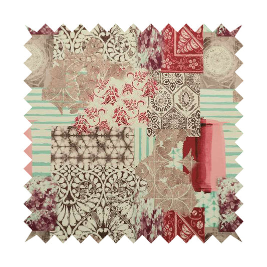 Freedom Printed Velvet Fabric Collection Geometric Patchwork Pattern In Pink Colour Upholstery Fabric CTR-60