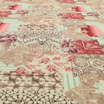 Freedom Printed Velvet Fabric Collection Geometric Patchwork Pattern In Pink Colour Upholstery Fabric CTR-60 - Roman Blinds