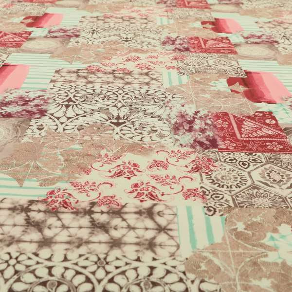 Freedom Printed Velvet Fabric Collection Geometric Patchwork Pattern In Pink Colour Upholstery Fabric CTR-60