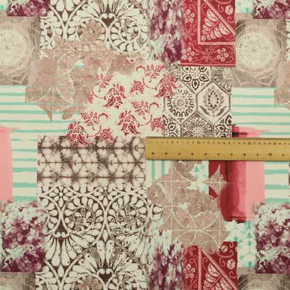 Freedom Printed Velvet Fabric Collection Geometric Patchwork Pattern In Pink Colour Upholstery Fabric CTR-60 - Roman Blinds