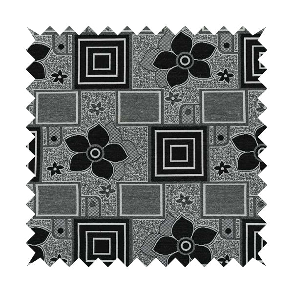 Sitka Modern Upholstery Furnishing Pattern Fabric Floral Patchwork In Black Grey CTR-600 - Roman Blinds