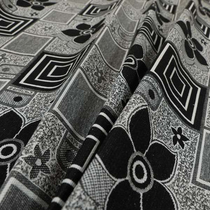 Sitka Modern Upholstery Furnishing Pattern Fabric Floral Patchwork In Black Grey CTR-600 - Roman Blinds