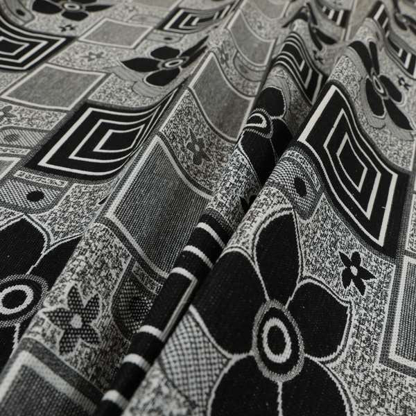 Sitka Modern Upholstery Furnishing Pattern Fabric Floral Patchwork In Black Grey CTR-600