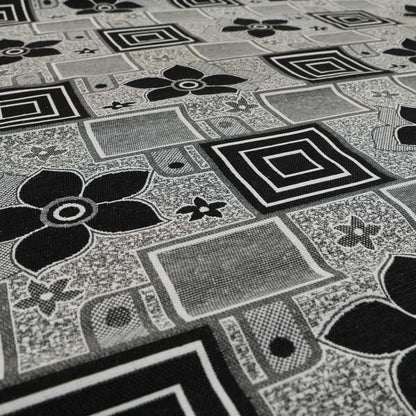 Sitka Modern Upholstery Furnishing Pattern Fabric Floral Patchwork In Black Grey CTR-600 - Roman Blinds