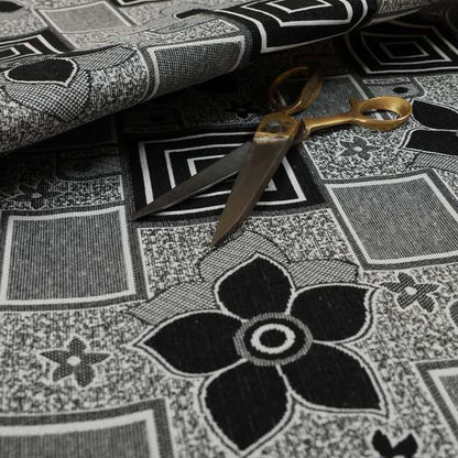 Sitka Modern Upholstery Furnishing Pattern Fabric Floral Patchwork In Black Grey CTR-600 - Roman Blinds