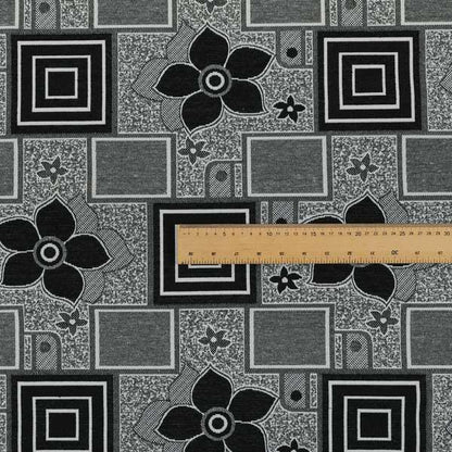 Sitka Modern Upholstery Furnishing Pattern Fabric Floral Patchwork In Black Grey CTR-600 - Roman Blinds