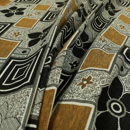 Sitka Modern Upholstery Furnishing Pattern Fabric Floral Patchwork In Yellow Black CTR-602 - Roman Blinds