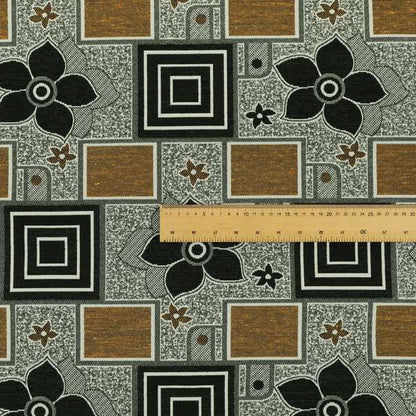 Sitka Modern Upholstery Furnishing Pattern Fabric Floral Patchwork In Yellow Black CTR-602 - Roman Blinds