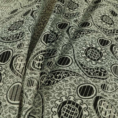 Wasilla Upholstery Furnishing Pattern Fabrics Paisley Damask In Cream Black CTR-604 - Made To Measure Curtains