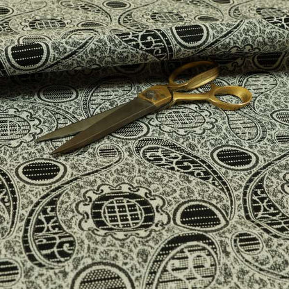 Wasilla Upholstery Furnishing Pattern Fabrics Paisley Damask In Cream Black CTR-604 - Roman Blinds