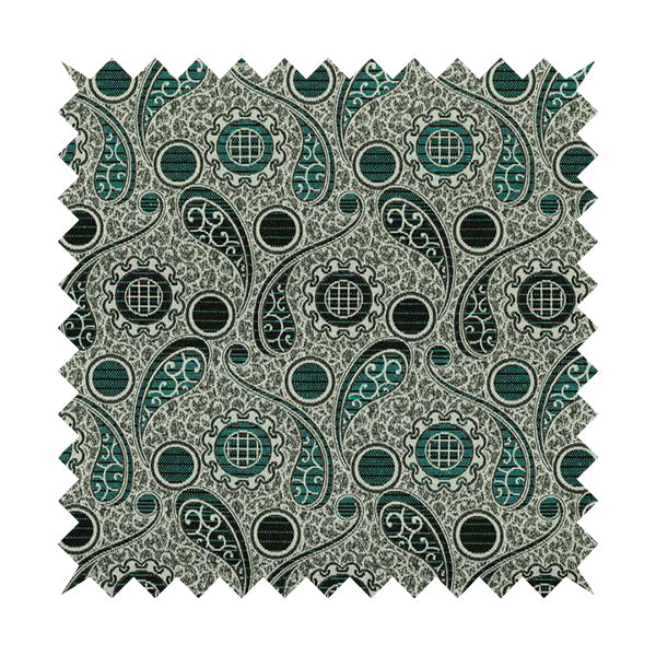 Wasilla Upholstery Furnishing Pattern Fabrics Paisley Damask In Teal Blue Grey CTR-605 - Made To Measure Curtains