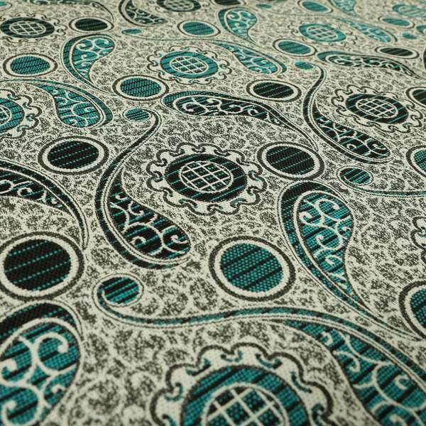 Wasilla Upholstery Furnishing Pattern Fabrics Paisley Damask In Teal Blue Grey CTR-605 - Made To Measure Curtains