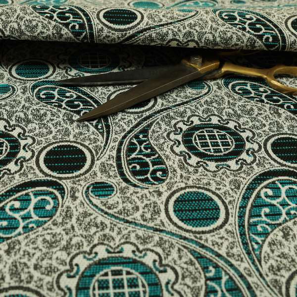 Wasilla Upholstery Furnishing Pattern Fabrics Paisley Damask In Teal Blue Grey CTR-605 - Roman Blinds