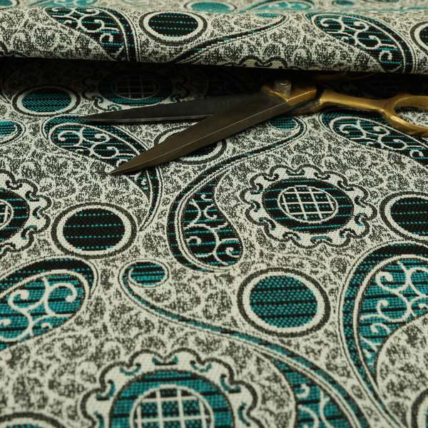 Wasilla Upholstery Furnishing Pattern Fabrics Paisley Damask In Teal Blue Grey CTR-605