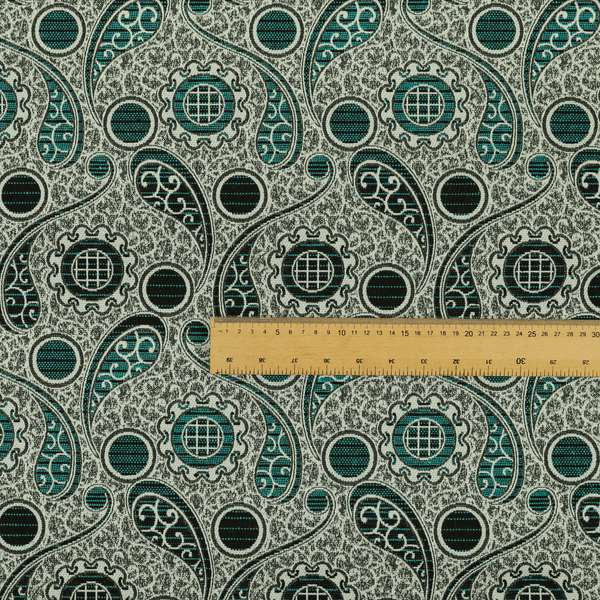 Wasilla Upholstery Furnishing Pattern Fabrics Paisley Damask In Teal Blue Grey CTR-605 - Made To Measure Curtains