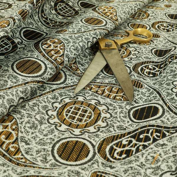 Wasilla Upholstery Furnishing Pattern Fabrics Paisley Damask In Yellow Black CTR-606 - Made To Measure Curtains