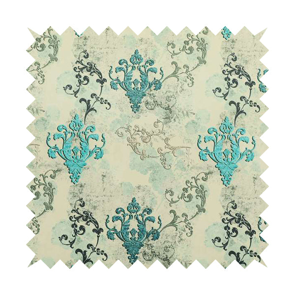 Freedom Printed Velvet Fabric Collection Damask Pattern In Blue Colour Upholstery Fabric CTR-61 - Made To Measure Curtains