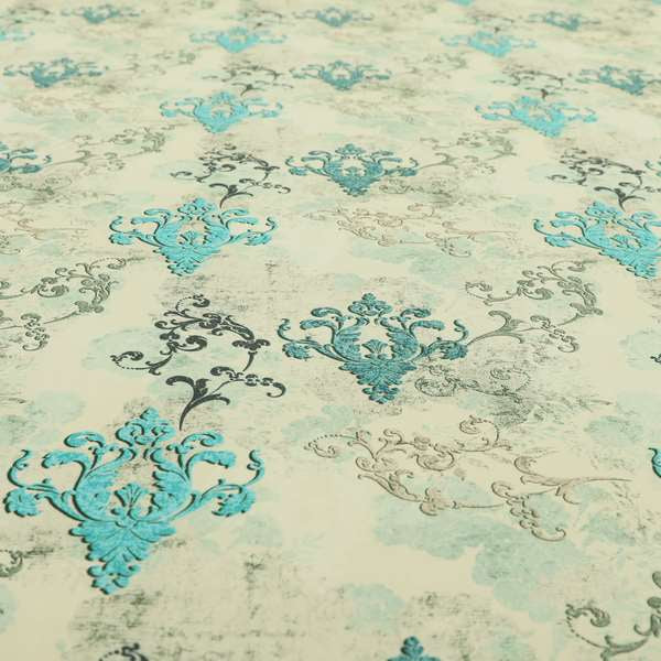 Freedom Printed Velvet Fabric Collection Damask Pattern In Blue Colour Upholstery Fabric CTR-61 - Made To Measure Curtains