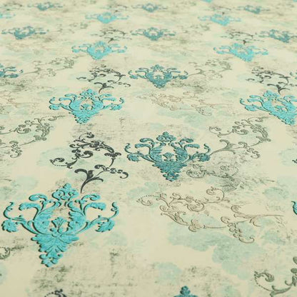 Freedom Printed Velvet Fabric Collection Damask Pattern In Blue Colour Upholstery Fabric CTR-61 - Made To Measure Curtains