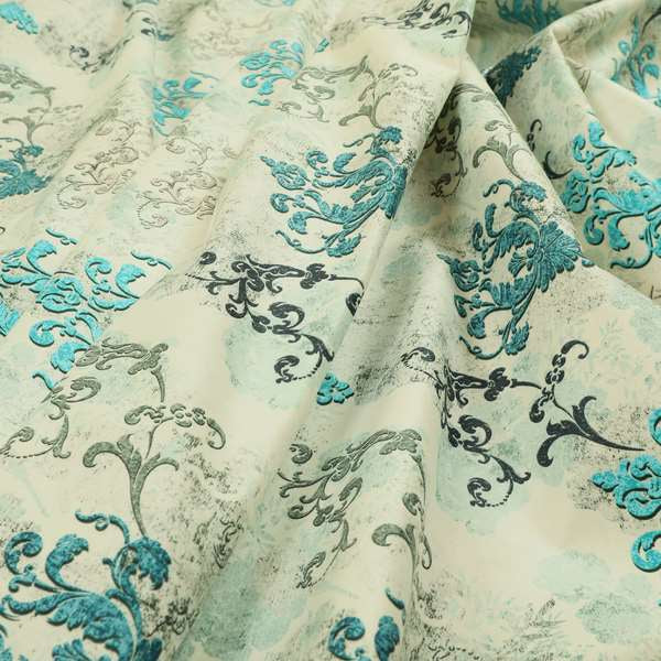 Freedom Printed Velvet Fabric Collection Damask Pattern In Blue Colour Upholstery Fabric CTR-61 - Made To Measure Curtains