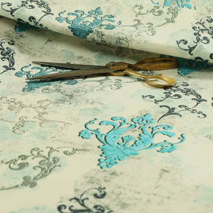 Freedom Printed Velvet Fabric Collection Damask Pattern In Blue Colour Upholstery Fabric CTR-61 - Roman Blinds