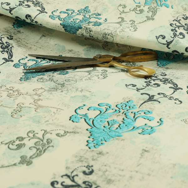 Freedom Printed Velvet Fabric Collection Damask Pattern In Blue Colour Upholstery Fabric CTR-61 - Made To Measure Curtains