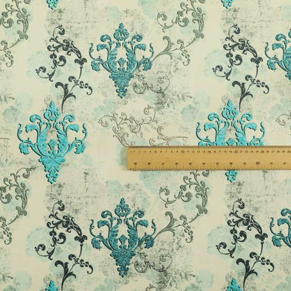 Freedom Printed Velvet Fabric Collection Damask Pattern In Blue Colour Upholstery Fabric CTR-61 - Made To Measure Curtains