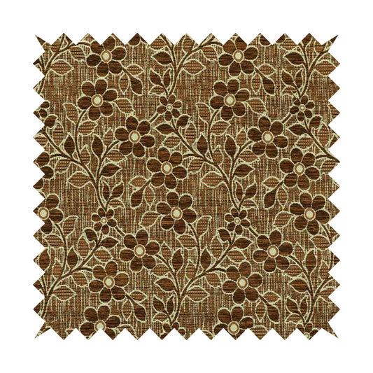 Davina Floral Pattern Textured Chenille Upholstery Curtain Fabric Brown Colour CTR-615