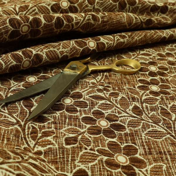 Davina Floral Pattern Textured Chenille Upholstery Curtain Fabric Brown Colour CTR-615 - Roman Blinds