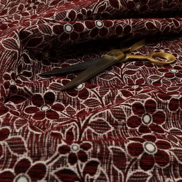 Davina Floral Pattern Textured Chenille Upholstery Curtain Fabric Burgundy Colour CTR-616 - Roman Blinds