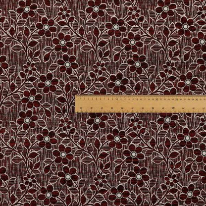 Davina Floral Pattern Textured Chenille Upholstery Curtain Fabric Burgundy Colour CTR-616 - Made To Measure Curtains