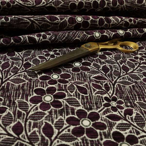 Davina Floral Pattern Textured Chenille Upholstery Curtain Fabric Purple Colour CTR-617 - Made To Measure Curtains