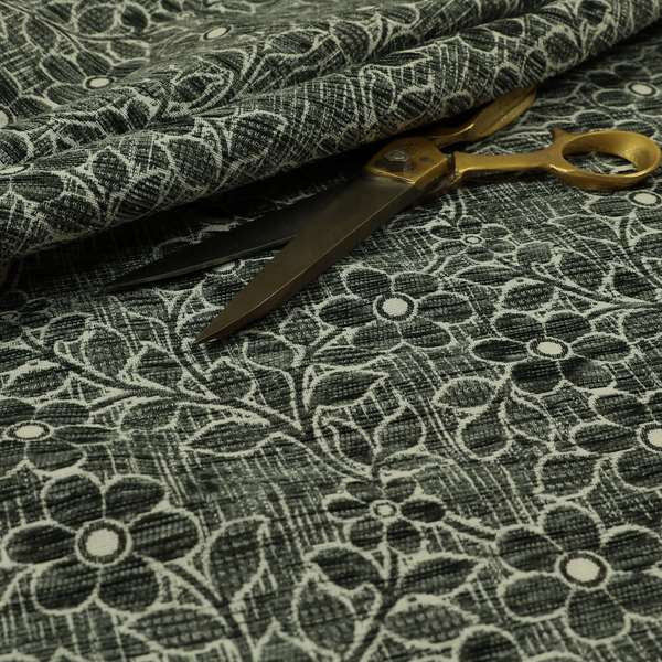 Davina Floral Pattern Textured Chenille Upholstery Curtain Fabric Grey Colour CTR-619 - Roman Blinds