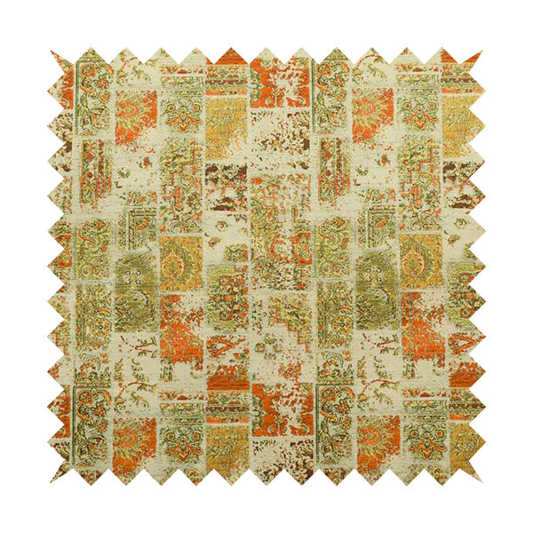 Freedom Printed Velvet Fabric Collection Patchwork Traditional Pattern In Orange Green Colour Upholstery Fabric CTR-62 - Made To Measure Curtains