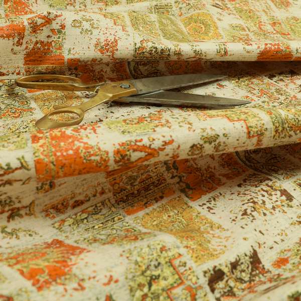 Freedom Printed Velvet Fabric Collection Patchwork Traditional Pattern In Orange Green Colour Upholstery Fabric CTR-62 - Made To Measure Curtains