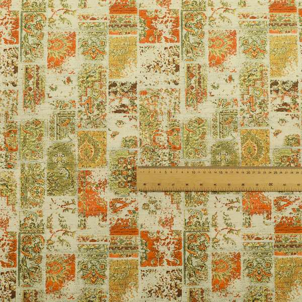 Freedom Printed Velvet Fabric Collection Patchwork Traditional Pattern In Orange Green Colour Upholstery Fabric CTR-62 - Roman Blinds